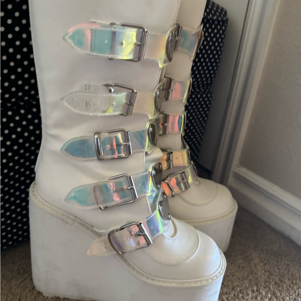 Demonia White Platform Boots with Holographic Buckles